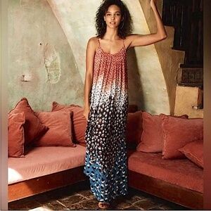 Nic+Zoe Blue Dahlia Spaghetti Strap Scoop Neck Gathered Boho Maxi Slip Dress
